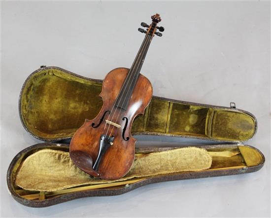 A violin with one piece back, bearing label for Franciscus Gobetti Veneliis 1703, overall 23in., cased